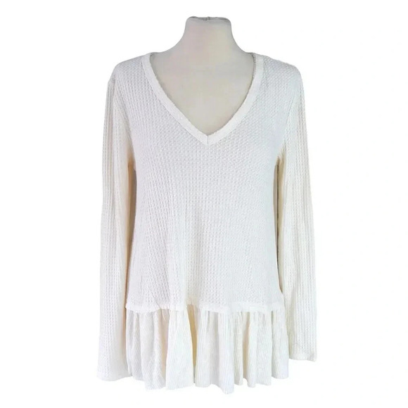 NWT Anthropologie Eri + Ali Waffle Knit Ruffled Peplum Long Sleeve Blouse M Boho - Picture 1 of 10